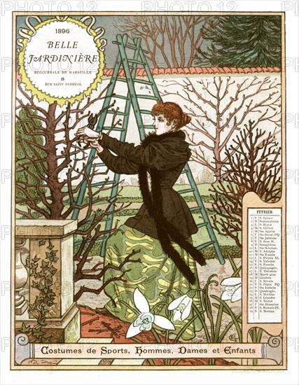 Calendrier de la "Belle jardinière" / Mois de février. Femme émondant un arbre