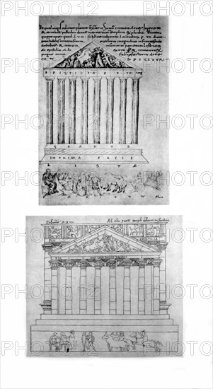 Dessins de Cyriaque d'Ancône et de San-Gallo  : Athènes, Parthénon, Fronton occidental