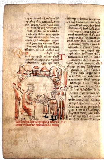 Manuscript, "Historia de Proeliis Alexandri Magni" by  Callisthenes: Philip entrusting the young Alexander the Great to Aristotle