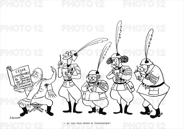 Satirical cartoon by Sennep about Mussolini. in "La guerre en chemise noire" ("war in blackshirt")