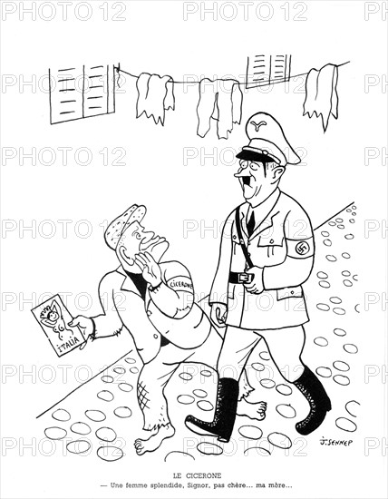 Caricature de Sennep. Hitler et Mussolini. in "La guerre en chemise noire"