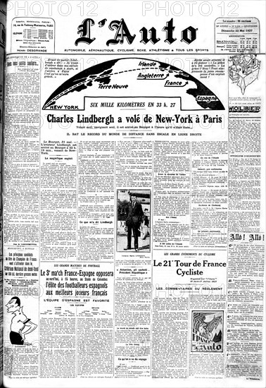 Charles Lindbergh. Traversée de l'Atlantique. Une du journal "L'Auto"