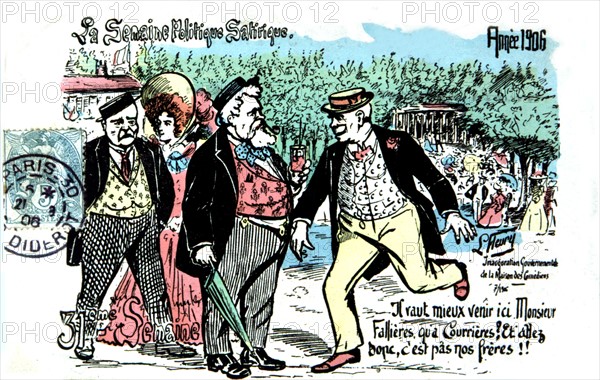 Carte postale caricaturale sur Armand Fallières (1841-1931) à propos de la grève de Courrières