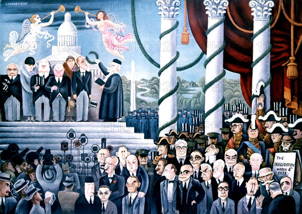 Le nouveau président Franklin D. Roosevelt se présente à la foule sur le perron du Capitole. Caricature de Miguel Covarrubias, publiée dans la revue Vanity Fair