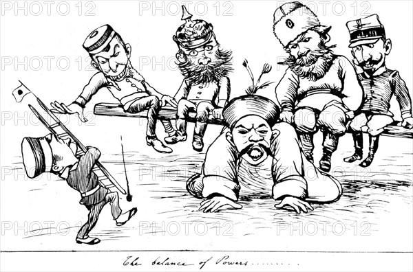 Satirical cartoon by Georges Bizot. "The balance of powers", 1898