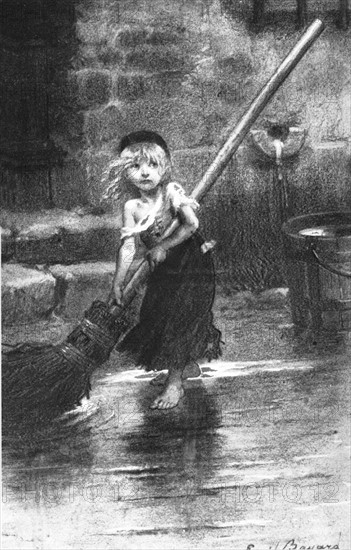 Cosette sweeping, engraving illustrating Victor Hugo's novel 'Les Misérables'