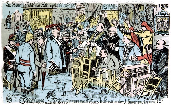 Carte postale satirique sur la séparation de l'église et de l'état, On y reconnaît le préfet Louis Lépine (1846-1933)