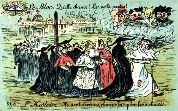 Satirical postcard about the division between church and state.