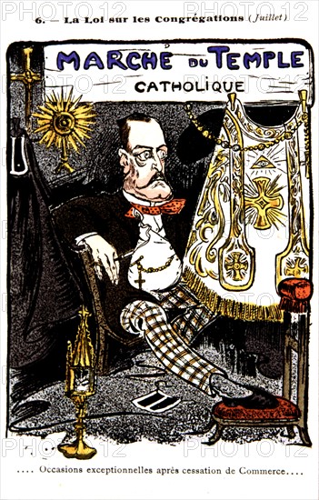 Anti-clerical and anti-masonic satirical postcard  about the division between church and state.