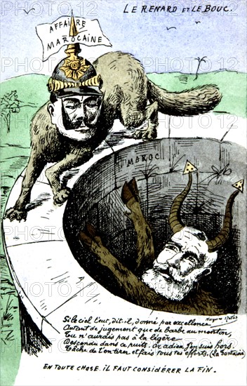 Carte postale satirique sur la colonisation au moment de la Conférence d'Algésiras (Maroc) à propos des espérances de l'Allemagne sur le Maroc, On y reconnaît Emile Loubet et Guillaume II (1859-1941), empereur d'Allemagne