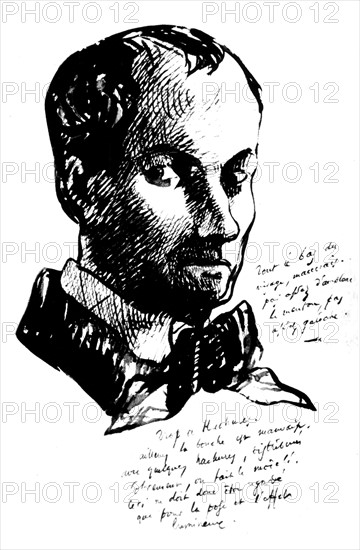 Charles Baudelaire (1821-1867). Autoportrait, plume et crayon