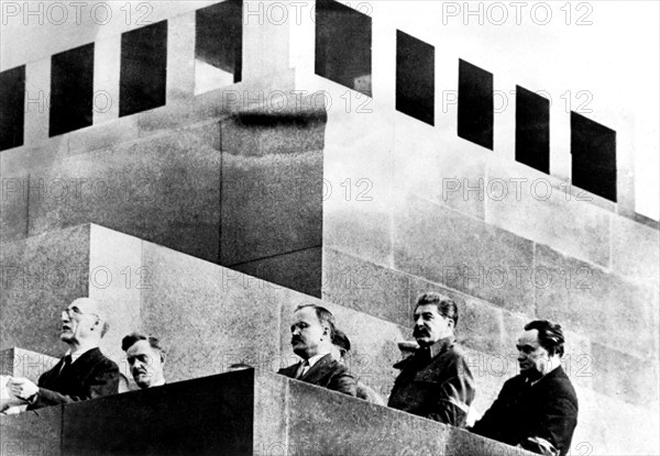 Moscow. Red Square. Maxim Gorky's funeral. André Gide delivering a speech. On the r.: Stalin