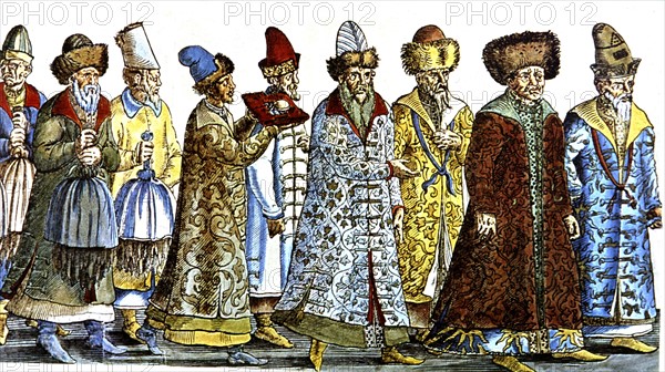 Gravure coloriée, Boyards envoyés en ambassade par Ivan IV à Maximilien II à Regensburg (détail) en juillet 1576