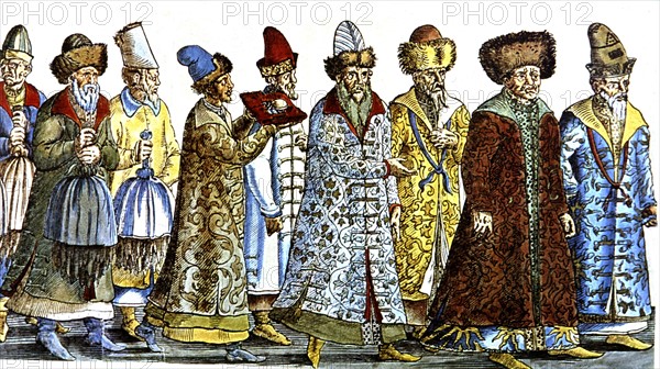 Colored engraving. Boyars sent by Ivan IV on a mission to Maximilian II in Regensburg in July 1576: detail