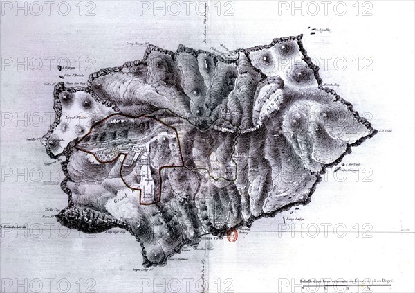 Carte de l'île Sainte-Hélène, en 1824, avec indication de la circonscription réservée à Napoléon 1er