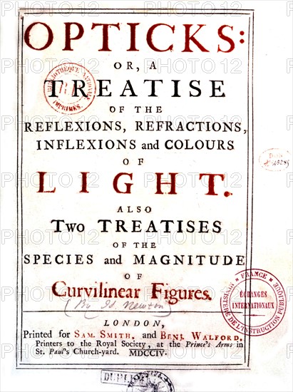 Isaac Newton, "Optique". Page de titre de l'édition originale publiée à Londres