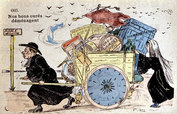 Séparation de l'Eglise et l'Etat. Carte postale satirique : "Nos bons curés déménagent", 1905