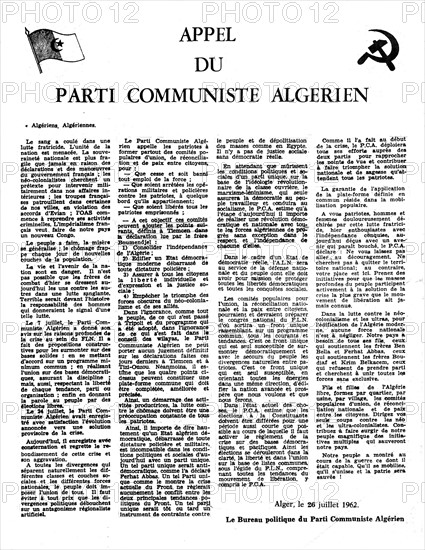 Tract du Parti communiste algérien : "Appel du Parti communiste algérien"