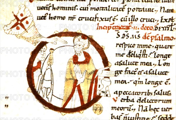 Saint Augustin : Enarrationes in psalmos. f° 37 : Main de Dieu bénissant un officiant