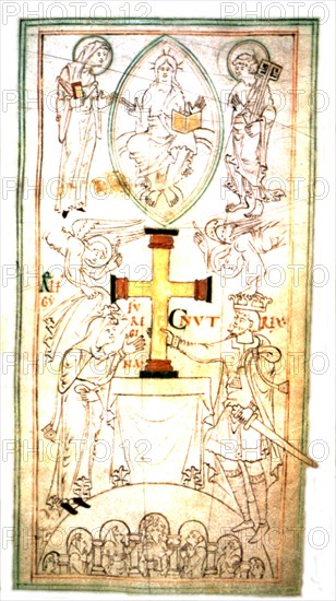 King Knut 'the Great' of Denmark and Queen Emma offering an altar cross to the Winchester monastery