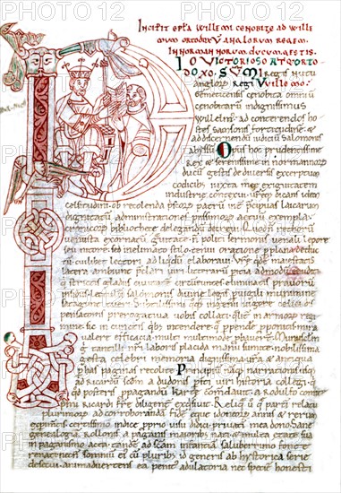 Guillaume de Jumièges, Cesta Normanorum. f° 116, lettre ornée, Guillaume le conquérant reçoit le manuscrit du chroniqueur