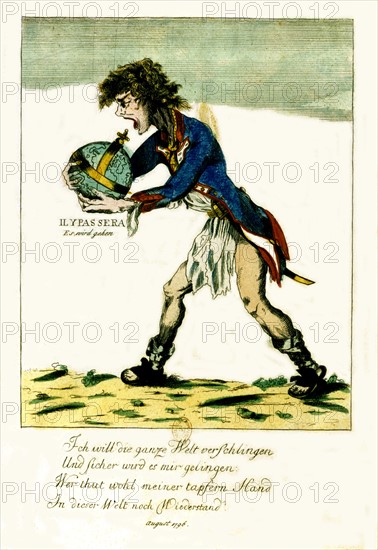 Coloured engraving, caricature, 'A Frenchman wants to swallow the world'