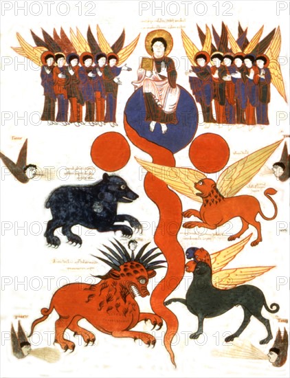 Beatus de Liebana, Commentaire sur l'Apocalypse de Saint-Sever. f° 235 : Le Christ entouré d'anges annonce le Jugement dernier, Les quatre bêtes : la lionne, l'ours, le léopard à quatre têtes, la bête à deux cornes, Les vents