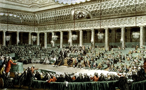 Gravé d'après un dessin de C. Monnet. Assemblée Nationale, à Versailles, séance de la nuit du 4 au 5 août 1789