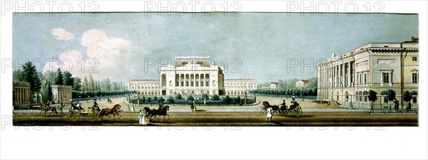 Saint-Pétersbourg, Fragment de panorama de la perspective Nevski : le théâtre Alexandre. Lithographie d'I. Ivanov d'après V.S. Sadovnikov