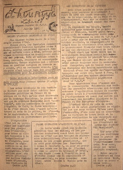 War in Algeria, "Liberté", underground newspaper of the P.C.A. (Algerian Communist Party)