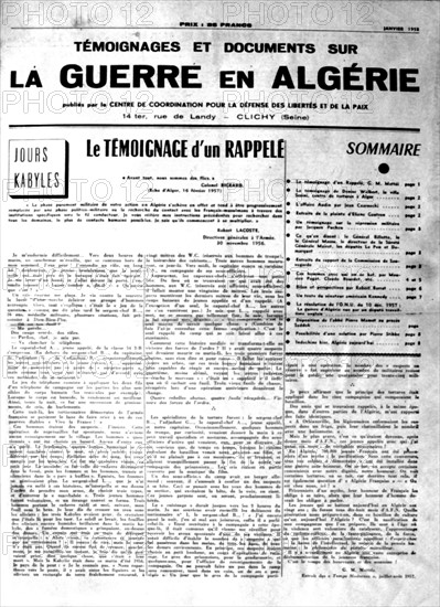 War in Algeria, Front page of the newspaper "Evidence and documents on the War in Algeria"