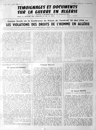 Guerre d'Algérie. Une du journal "Témoignages et documents sur la guerre d'Algérie"