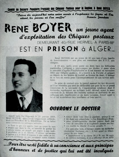 War in Algeria. Leaflet of the 'Secours populaire français' about draft-dodgers