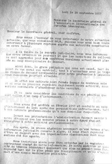 Guerre d'Algérie. Lettre adressée à l'Association internationale des juristes démocrates