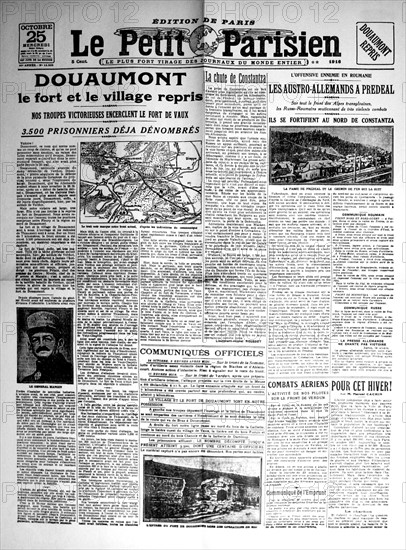 Une du journal "Le Petit Parisien". Reprise du fort et du village de Douaumont