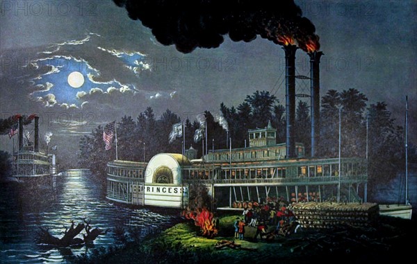 Lithographie de Currier and Ives, "Wooding up on the Mississippi"