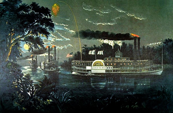 Lithographie de Currier and Ives, "Rounding a bend on the Mississippi"
