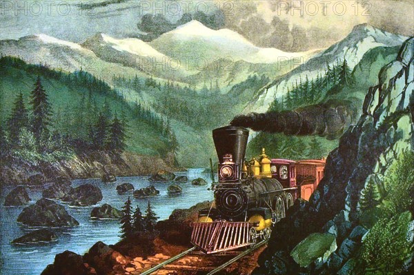 Lithographie de Currier and Ives, La route de la Californie près de la rivière Sierra Nevada