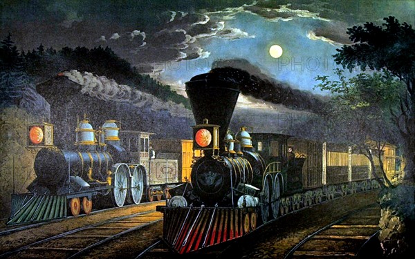Litograph by Currier and Ives, The "Lightning express" trains leaving the junction