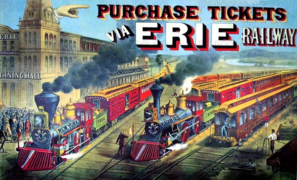 Lithographie de Currier and Ives, Publicité pour "Erie Railway"