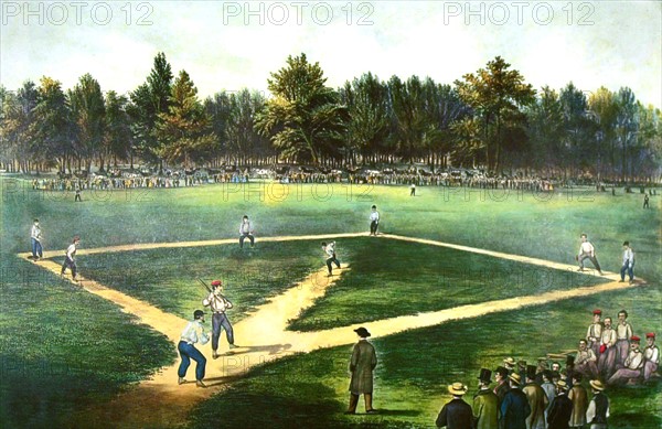 Lithographie de Currier and Ives, Jeu de base-ball, le sport national américain