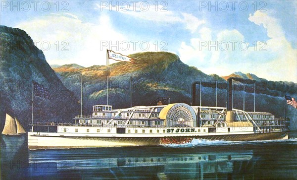 Lithographie de Currier and Ives, Le bateau à vapeur "St John" sur la rivière Hudson