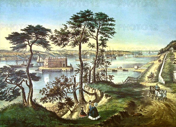 Lithographie de Currier and Ives, New York, Staten island vue du fort Hamilton