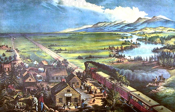 Lithographie de Currier and Ives, Chemin de fer à travers les Etats-Unis