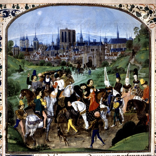 Louis II d'Anjou meeting his mother  Marie de Blois, and Jean, Duc de Berry and Philip of Burgundy