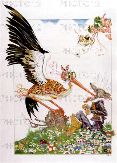 Illustration d'une Fable de La Fontaine : Le loup et la cigogne