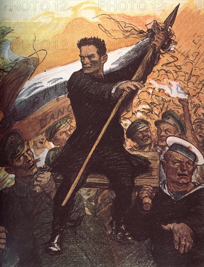 Caricature parue dans "Le Rire" : Aux armes citoyens!, appel au peuple russe, 1917