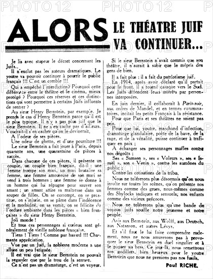 Article antisémite publié dans "Au Pilori"