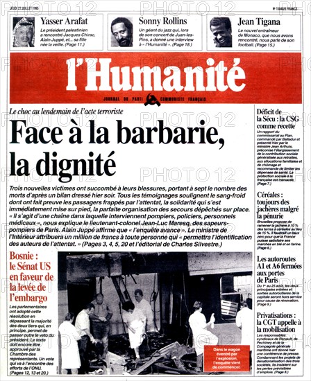 Une du journal "L'Humanité". Paris. Après l'attentat dans le R.E.R. à Saint-Michel