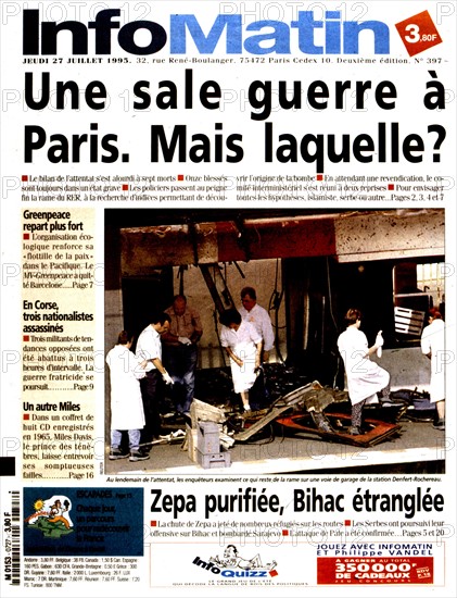 An edition of the newspaper "InfoMatin". Paris. After the attack in the R.E.R. at the station Saint-Michel